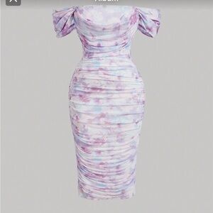 SHEIN Curve Sheer Mesh Flower Tie-Dye Ruched Dress - Size 0XL (Curve)